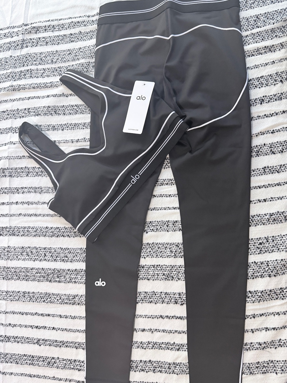 ALO Yoga Black Leggings and Sports Bra Set with White Contrast Piping